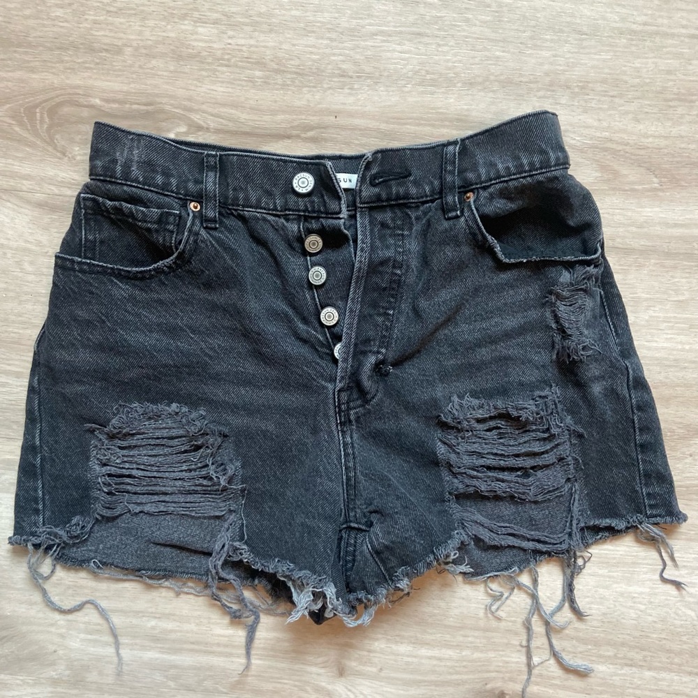 Pacsun distressed black denim shorts.